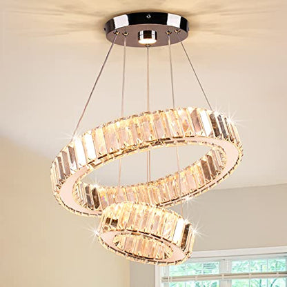 YPQXYHDA Modern LED Chandelier 2 Ring Chandelier Round LED Ceiling Light Crystal Chandelier for Dining Room Bedroom, Dia 7.9"+15.7"
