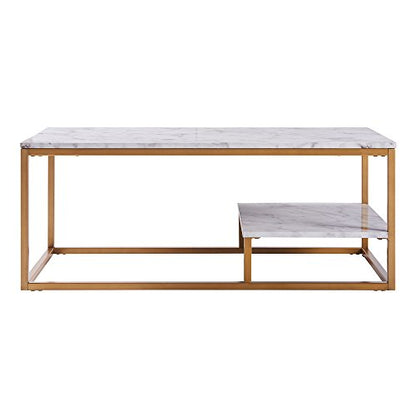 Teamson Home Marmo Faux Marble Modern Rectangle Coffee End Table with Storage Shelf and Easy-Clean Surface for Living and Dining Room Home Office, 16 Inch Height, Brass