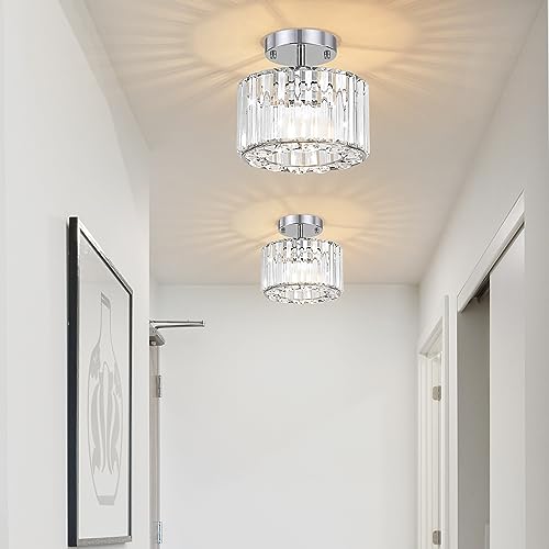 Ledshaoyue Modern Chandelier Crystal Ceiling Light Fixture, Small Semi Flush Mount Ceiling Light, Modern Hallway Light Fixtures Close to Ceiling Light for Entryway Kitchen Bathroom Porch