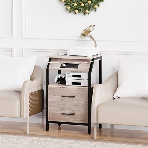 SZLHANJZ Storage End Table, Charging Nightstand with 2 Drawers, Small Fabric Dresser for Bedside, Wood and Metal Side Table for Bedroom, Living Room, Dorm, Grey Oak