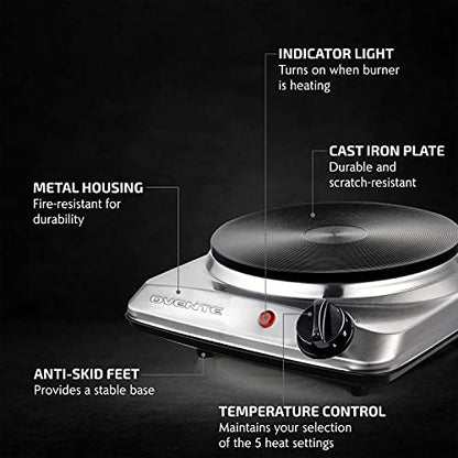 OVENTE Electric Countertop Single Burner, 1000W Cooktop with 7.25 Inch Cast Iron Hot Plate, 5 Level Temperature Controls, Compact Cooking Stove and Easy to Clean Stainless Steel Base, Silver BGS101S