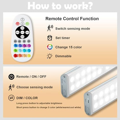 SZOKLED Motion Sensor Under Cabinet Lights, 58-LED RGB Closet Lights Wireless, 1100mAh Rechargeable Under Cabinet Lighting Dimmable Night Lights for Kitchen,Bedroom,Wardrobe,Hallway,Stairs (2 Pcs)
