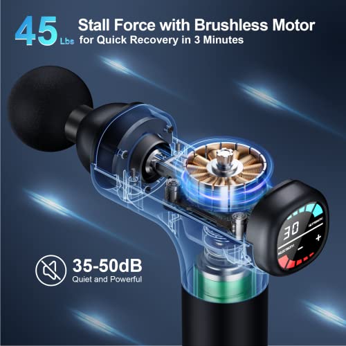 ZonGym Massage Gun Deep Tissue, Percussive Muscle Massager, 30 Speeds Quiet Brushless Motor Handheld Massager for Muscle Neck Back Shoulder, LCD Touch Screen, 6 Heads and Carrying Case (Bright Gray)