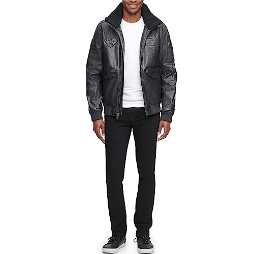 Tommy Hilfiger Men's Faux Leather Bomber Jacket, Black/Patches