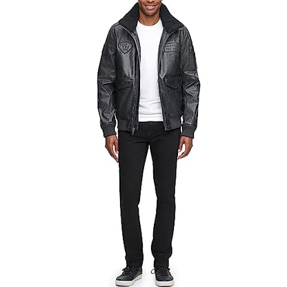 Tommy Hilfiger Men's Faux Leather Bomber Jacket, Black/Patches