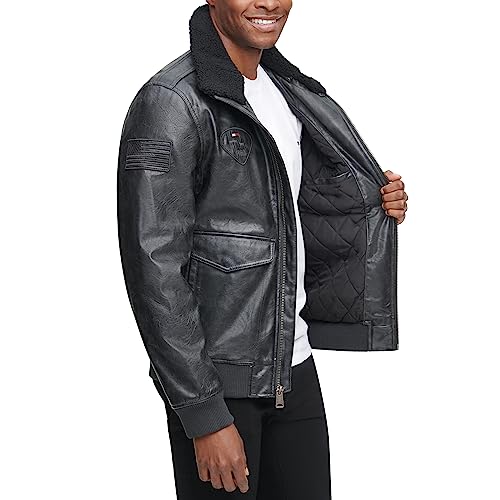 Tommy Hilfiger Men's Faux Leather Bomber Jacket, Black/Patches