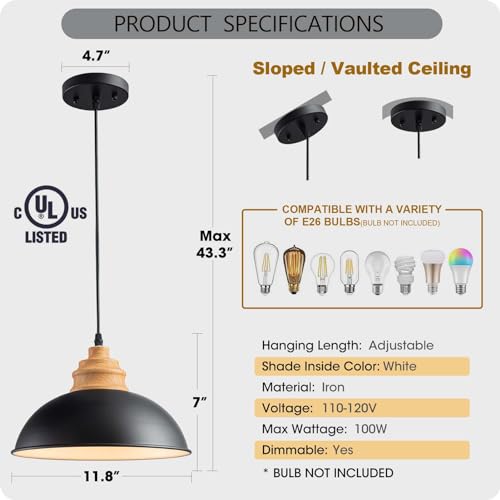 Karjearl Black Industrial Pendant Light, Farmhouse Wood Hanging Light Fixture with Wood Pattern Shade, Modern Dome Pendant Light for Kitchen Island Dining Room Hallway Bedroom
