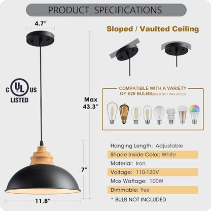Karjearl Black Industrial Pendant Light, Farmhouse Wood Hanging Light Fixture with Wood Pattern Shade, Modern Dome Pendant Light for Kitchen Island Dining Room Hallway Bedroom