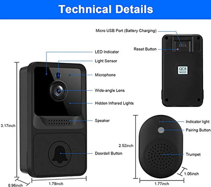 Wireless Doorbell Camera 2.5WiFi Video Doorbell with Chime Home Security Camera Doorbell ，Free Cloud Storage Rechargeable Battery Real-time Alerts Night Vision