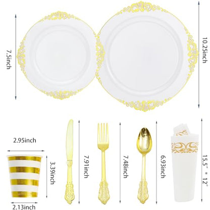 KINEATHER 175PCS gold and white Disposable Plastic Plates Set for 25 Guests, 25 Dinner Plates, 25Dessert Plates, 25 Forks, 25 Knives, 25 Spoons, 25 Napkins, 25 Paper Cups, for Wedding & Party