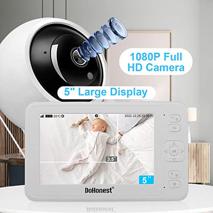 DoHonest Baby Monitor HD 1080P Camera Audio Home Wireless 5” Display Infant Video Monitoring Remote Pan Tilt Infrared Night Vision 1000ft Range Temperature Sensor S06
