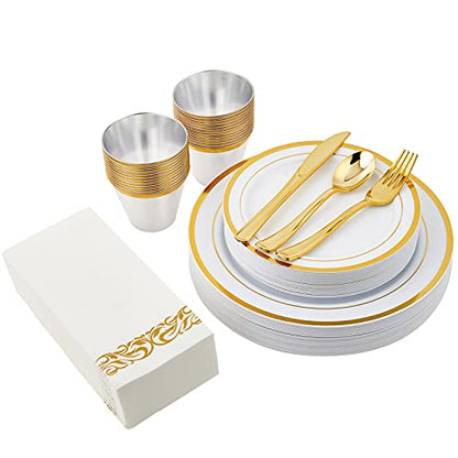 Vplus 175PCS White and Gold Disposable Dinnerware Sets for Wedding Party 25 Guests 25 Dinner Gold Plastic Plates 25 Dessert Plates & 25 Gold Paper Napkins & 25 Gold Plastic Silverware Set