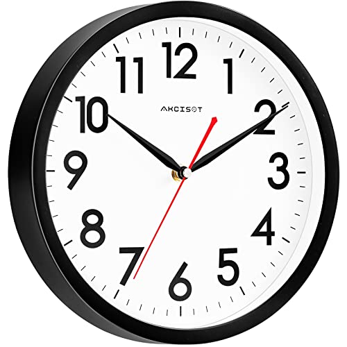 AKCISOT Wall Clock Silent Non Ticking Modern Wall Clocks Battery Operated 10 Inch, Analog Small Classic Clock Decorative for Bedroom, Kitchen, Home Office, Bathroom, School, Living Room (Black)