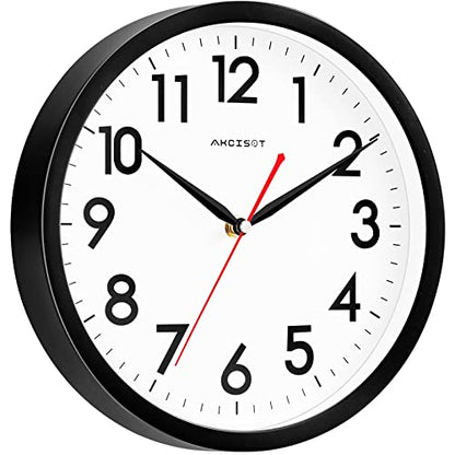AKCISOT Wall Clock Silent Non Ticking Modern Wall Clocks Battery Operated 10 Inch, Analog Small Classic Clock Decorative for Bedroom, Kitchen, Home Office, Bathroom, School, Living Room (Black)