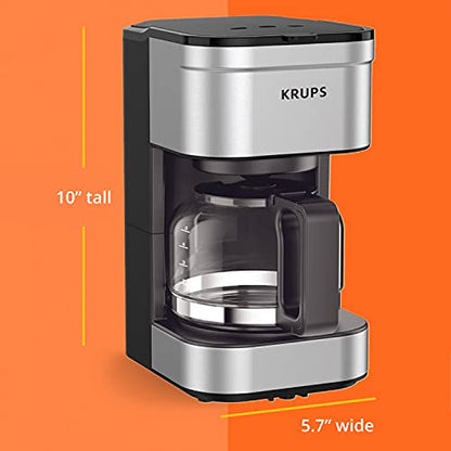 Krups Simply Brew Stainless Steel Drip Coffee Maker 5 Cup 650 Watts Coffee Filter, Drip Free, Dishwasher Safe Pot, Compact Silver and Black