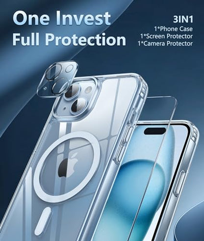 FNTCASE for iPhone 15 Case: Support Magnetic Charging Military Grade Drop Protection Anti Yellowing Cell Phone Cover - Rugged Durable Shockproof Protective Bumper - 6.1 Inch (Clear)