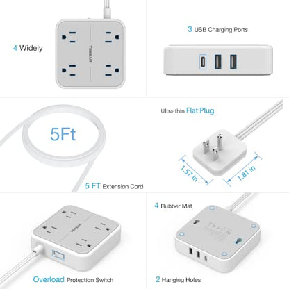 Flat Plug Power Strip, TESSAN 5 ft Ultra Thin Extension Cord with 3 USB Wall Charger(1 USB C Port), 4 Outlets Slim Desk Charging Station Compact for Travel, Office, School, Dorm Room Essentials