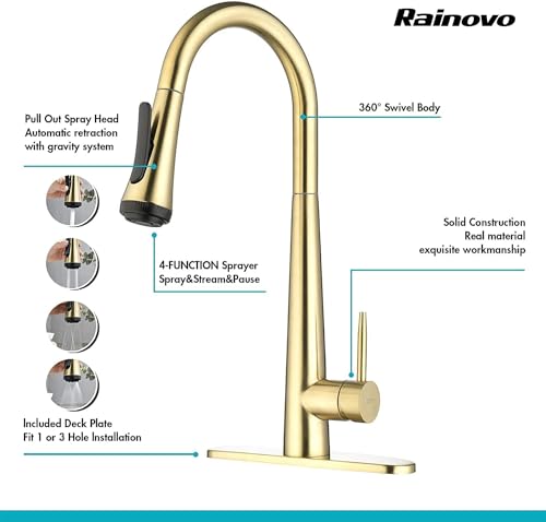 UPDATE: SOLD OUT! Kitchen Faucet with Pull Down Sprayer: Kitchen Sink Faucet, 4 Modes Sprayer Kitchen Faucet with Sprayer for Farmhouse Camper Laundry Utility RV Wet Bar, Brushed Gold