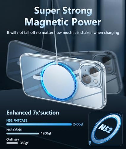 FNTCASE for iPhone 15 Case: Support Magnetic Charging Military Grade Drop Protection Anti Yellowing Cell Phone Cover - Rugged Durable Shockproof Protective Bumper - 6.1 Inch (Clear)