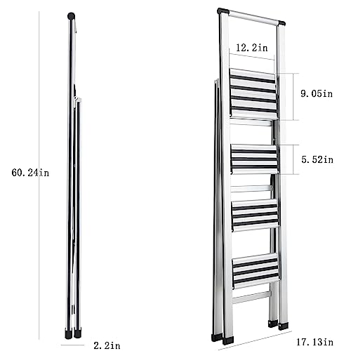 4 Step Ladder 4 Step Folding Step Stool with Handrails Wide Work Platform, Aluminum A Frame Ladder, 7KG Portable Ladder, Lightweight Ladder for Kitchen Home Work Library House Indoor