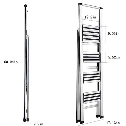 4 Step Ladder 4 Step Folding Step Stool with Handrails Wide Work Platform, Aluminum A Frame Ladder, 7KG Portable Ladder, Lightweight Ladder for Kitchen Home Work Library House Indoor