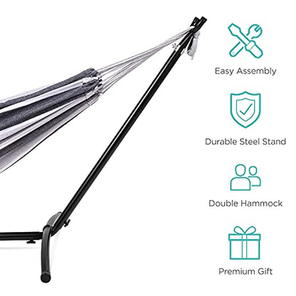 Best Choice Products 2-Person Double Hammock with Stand Set, Indoor Outdoor Brazilian-Style Cotton Bed for Backyard, Camping, Patio w/Carrying Bag, Steel Stand, 450lb Weight Capacity - Steel