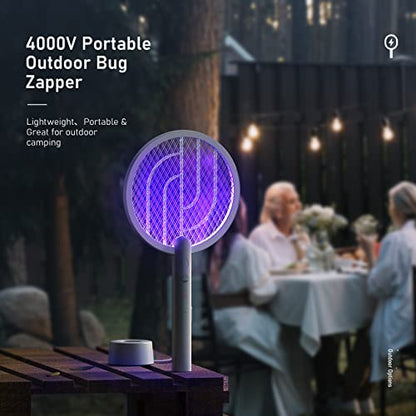 Electric Fly Swatter Racket, Mosiller 4000V 2 in 1 Bug Zapper with USB Rechargeable Base, Powerful Mosquitoes Trap Lamp & Fly Killer with 3-Layer Safety Mesh for Home, Bedroom, Kitchen, Patio（1 Pack）