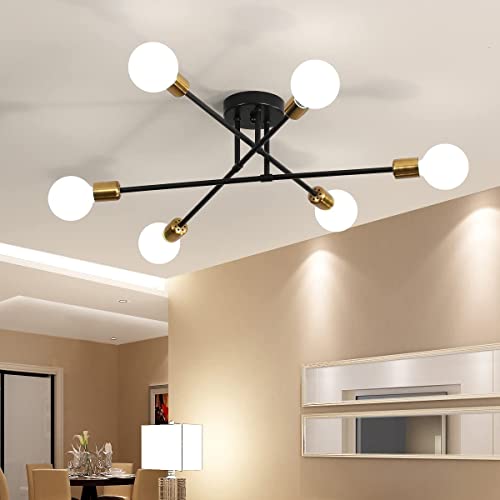 Biewalk Mid Century Sputnik Chandelier Light Fixture Semi Flush Mount Ceiling Light Black for Living Room, Kitchen, Bedroom, Dining Room (6 Light)