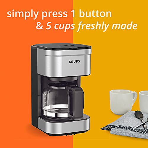 Krups Simply Brew Stainless Steel Drip Coffee Maker 5 Cup 650 Watts Coffee Filter, Drip Free, Dishwasher Safe Pot, Compact Silver and Black