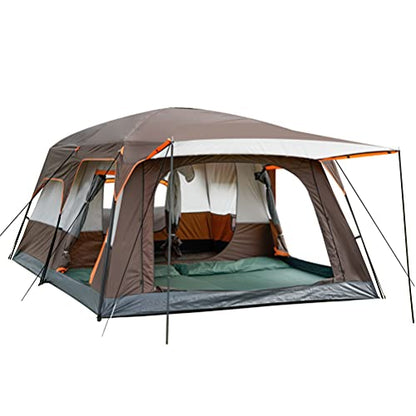 KTT Extra Large Tent 10-12 Person(B), Cabin Tents with 2 Rooms, Straight Wall, 3 Doors and 3 Windows with Mesh, Waterproof, Double Layer - Big for Outdoor Camping, Picnic, Family Gathering (Brown).
