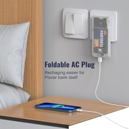 LIPSWEET Portable Power Bank, Slim10000mAh Portable Charger, 20W USB C External Battery Pack with Built-in AC Wall Plug, Three Cables Compatible with iPhone Tablet Smartphone and More (Transparent)