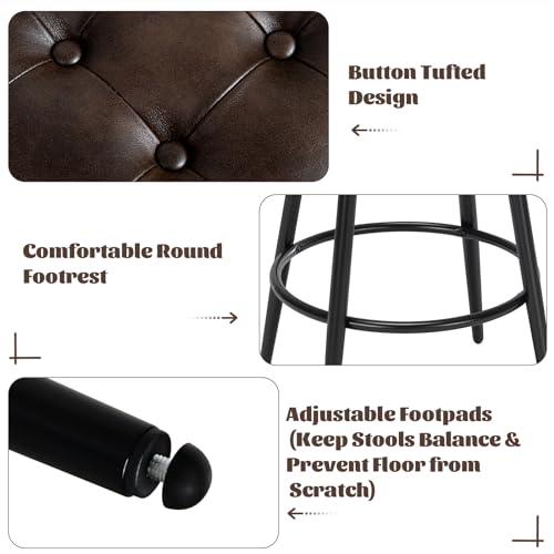 Furniliving 26" Farmhouse Round Leather Bar Stools, Mid-Century Bar Height Kitchen Stools with Footrest for Island Coffee Pub Shop Set of 2