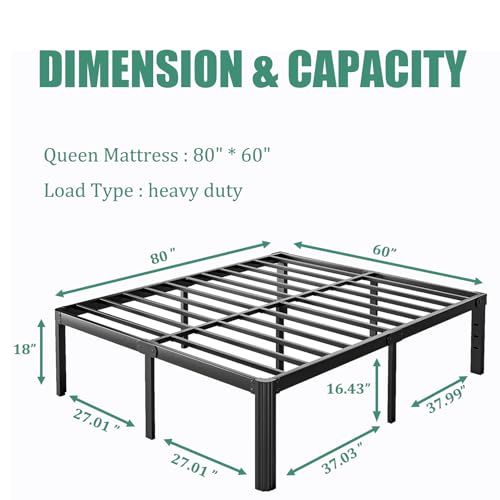 LAKKURI 18 Inch High Platform Metal Queen Size Bed Frame, Queen Bed Frameno Box Spring Needed, Easy Assembly, Heavy Duty, Noise Free, Black