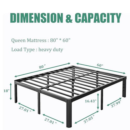 LAKKURI 18 Inch High Platform Metal Queen Size Bed Frame, Queen Bed Frameno Box Spring Needed, Easy Assembly, Heavy Duty, Noise Free, Black