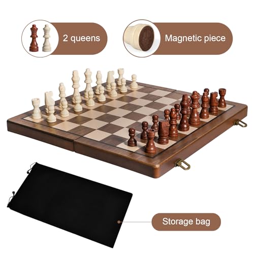 DAWEN LONE 15" Chess Set,Chess Board,Magnetic Wooden Chess Board,Augment 2 Queen,Folding Board Individual Piece Storage Slot and Storage Bag,Suitable for Beginners All Chess Lovers