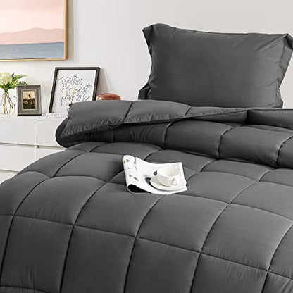 BEDHOURS Queen Comforter Set-3 Pieces Down Alternative Queen Size-All Season Reversible Comforter with 2 Pillow Shams-Corner Tabs Machine Washable (Dark Grey Queen)