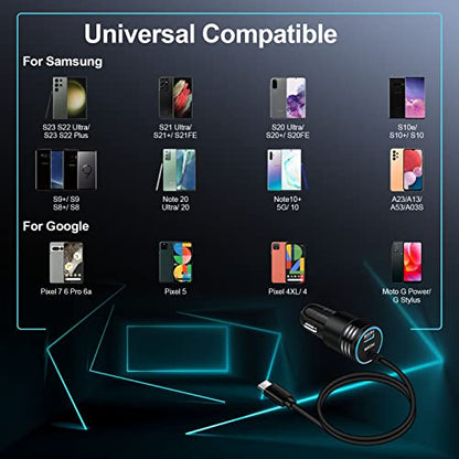 Android 60W USB Type C Car Charger Adapter Plug Fast Charging for Samsung Galaxy S23 Ultra/S23+/A14 5G/A54/A34/S22 Ultra/A13/A53/A23/A03S/A12, Type C Car Cigarette Lighter USB Charger USB C Cable 3FT