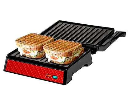OVENTE Electric Indoor Panini Press Grill and Sandwich Maker with Non-Stick Coated Plates, Opens 180 Degrees to Fit Any Type or Size Food, Temperature Control and Removable Drip Tray, Red GP0540R