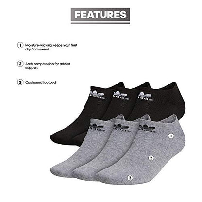 adidas Originals Trefoil No Show Socks (6-Pair), Heather Grey/Black/White, Large