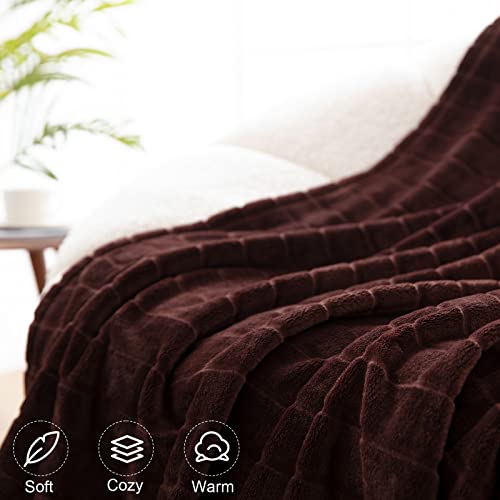 Bertte Plush Throw Blanket Super Soft Fuzzy Warm Blanket | 330 GSM Lightweight Fluffy Cozy Luxury Decorative Stripe Blanket for Bed Couch - 50"x 60", Brown