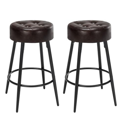 Furniliving 26" Farmhouse Round Leather Bar Stools, Mid-Century Bar Height Kitchen Stools with Footrest for Island Coffee Pub Shop Set of 2