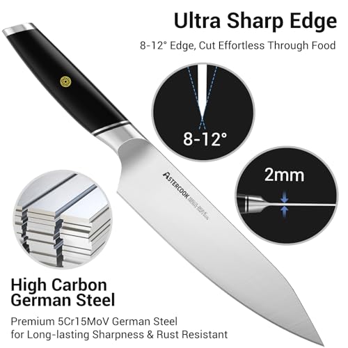 Astercook Chef Knife, 8 Inch Professional Kitchen Chef Knife, ABS Handle Dishwasher safe German High Carbon Stainless Steel Ultra Sharp Kitchen Knife, Chefs Knives with Ergonomic Handle and Gift Box