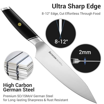 Astercook Chef Knife, 8 Inch Professional Kitchen Chef Knife, ABS Handle Dishwasher safe German High Carbon Stainless Steel Ultra Sharp Kitchen Knife, Chefs Knives with Ergonomic Handle and Gift Box