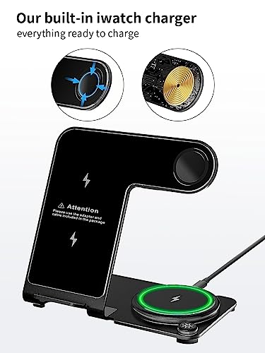 Wireless Charging Station,Aluminum Alloy 3 in 1 Wireless Charger Stand Fast Charging for iPhone 15/14/13/12/11/Pro/Max/XS/XR/X/8, iWatch 9/8/7/6/5/4/3/2/SE, Airpods Pro/3/2/1(Black)
