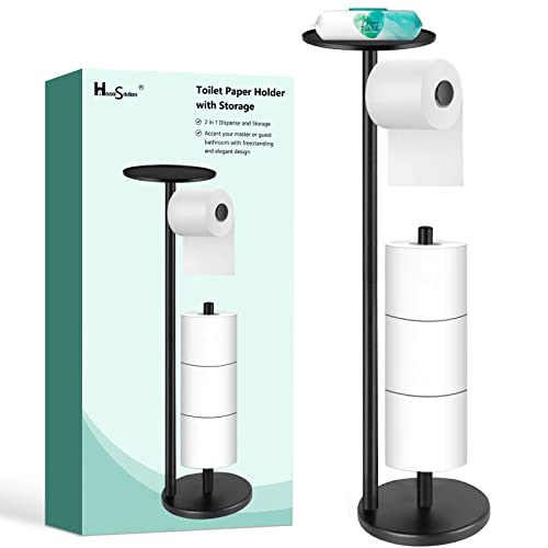 Toilet Paper Holder Stand, Bathroom Free Standing Toilet Roll Holder with Top Shelf for Phone/Wipes, Dispenser and Reserve for 4 Rolls, Black, Housen Solutions