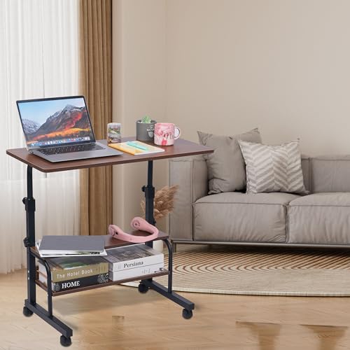 Adjustable Height Rolling Portable Desk with Wheels, Small Standing Desk Mobile 32 Inch Computer Desk for Small Space, Work Desk for Home Office with Storage Laptop Table Study Student Desk Brown