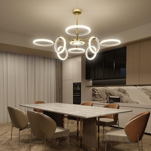 OUQI Dimmable Ceiling Light Fixture,Led Flush Mount Ceiling Light, Morden Gold Round Chandelier,7000K Ceiling Lights With Remote,Adjustable highness Chandelier For Dinning Room, Living Room,Bedroom