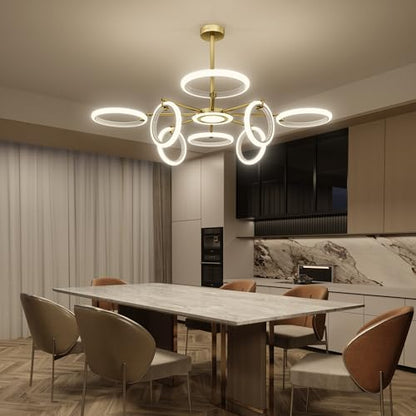 OUQI Dimmable Ceiling Light Fixture,Led Flush Mount Ceiling Light, Morden Gold Round Chandelier,7000K Ceiling Lights With Remote,Adjustable highness Chandelier For Dinning Room, Living Room,Bedroom