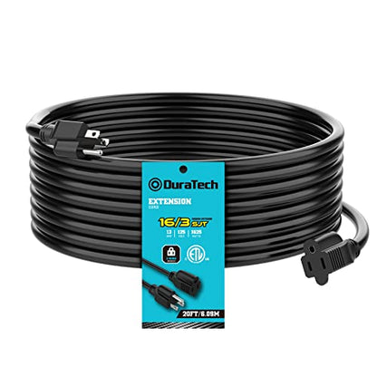 DuraTech Extension Cord 20 ft, Outdoor Extension Cord, 16/3 SJTW, 13 Amps, Heavy Duty Extension Cord for Power Tools, Black