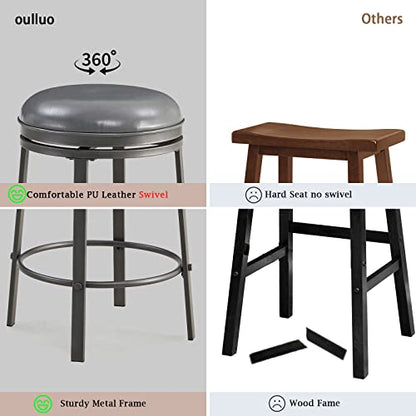 OUllUO Swivel Bar Stools Set of 2, 25 Inch Backless Counter Bar Height Stools, PU Leather Round Kitchen Counter Stools, Industrial Kitchen Island Stools with Metal Base, 520P-SGPU, Grey, 2Pcs
